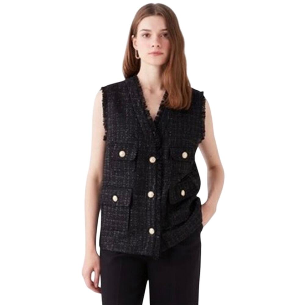 ANTHROPOLOGIE HAZEL Women’s Black Boucle Tweed Button Up Fringed Vest